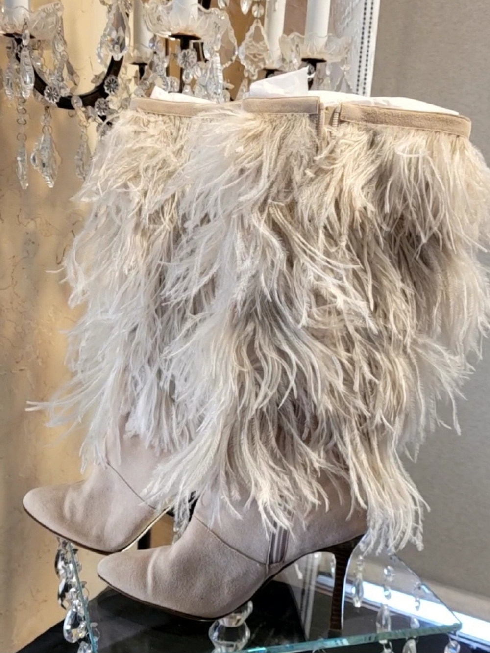 Elegant Winter White Knee High boots dramatic ostrich feather embellishments 6.5 - Picture 3 of 15